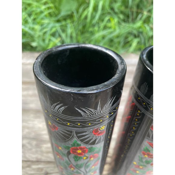 Vintage Pair Black Lacquer Wood Vases Red Etched Flowers 10" - Picture 16 of 16